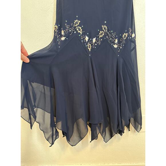 S.LFashion Dress 16 Navy Blue Embroidered Sequin 90s Whimsigoth Handkerchief Hem - Picture 3 of 10